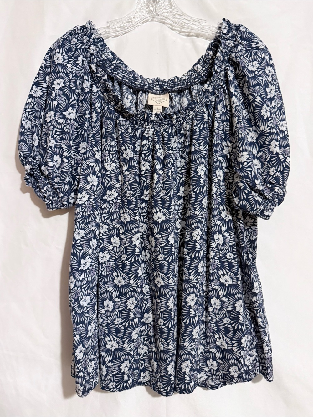 St. John's Bay Navy and White Floral Peasant Top